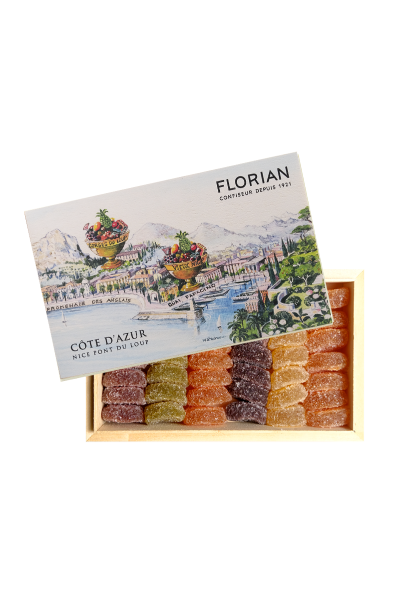 Pâtes de fruits en coffret cadeau - coffret en bois décor Côte d'Azur - Confiserie Florian