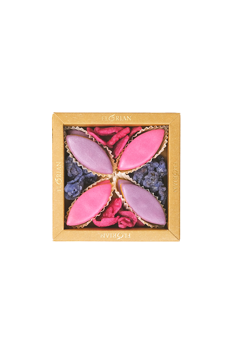 Boîte calissons à la rose et à la violette et fleurs cristallisées - Confiserie Florian
