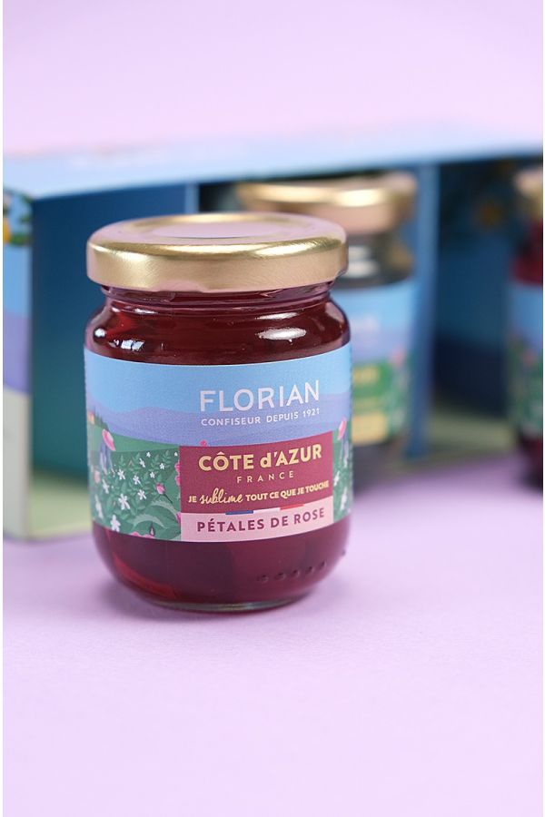 3 confitures de fleurs en coffret - rose, violette et jasmin - Confiserie Florian