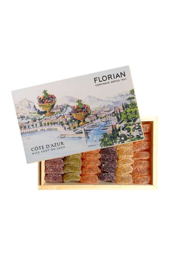 Pâtes de fruits en coffret cadeau - coffret en bois décor Côte d'Azur - Confiserie Florian