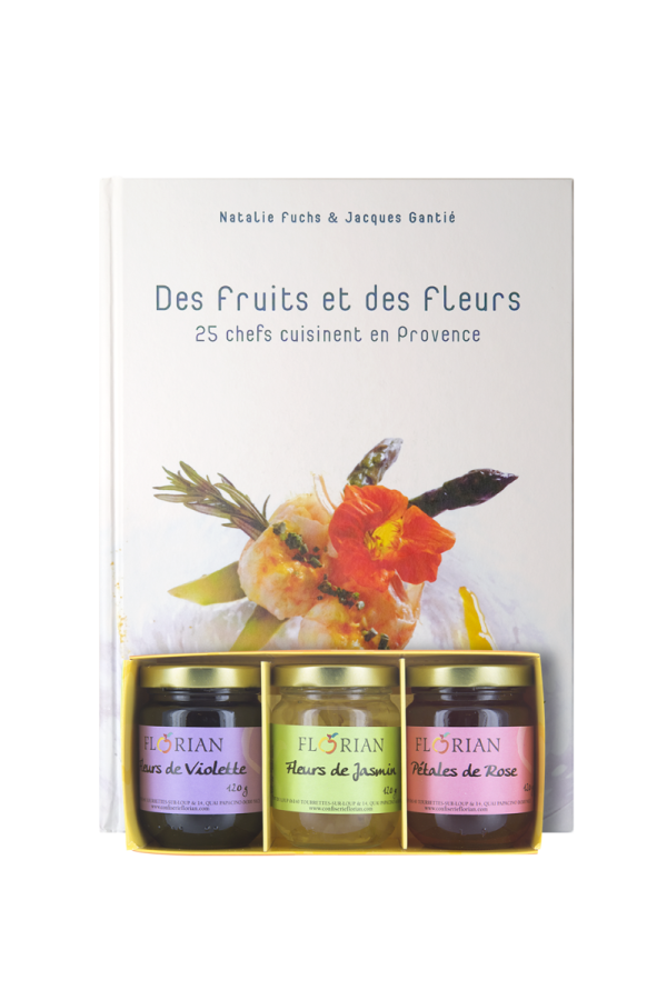 Livre de recettes de cuisine " Des fruits et des fleurs" avec coffret de délice de fleurs - Confiserie Florian