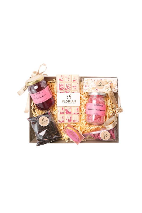 Panier gourmand de spécialité à base de rose - rose cristallisée - bonbon à la rose - thé à la rose - Confiserie Florian