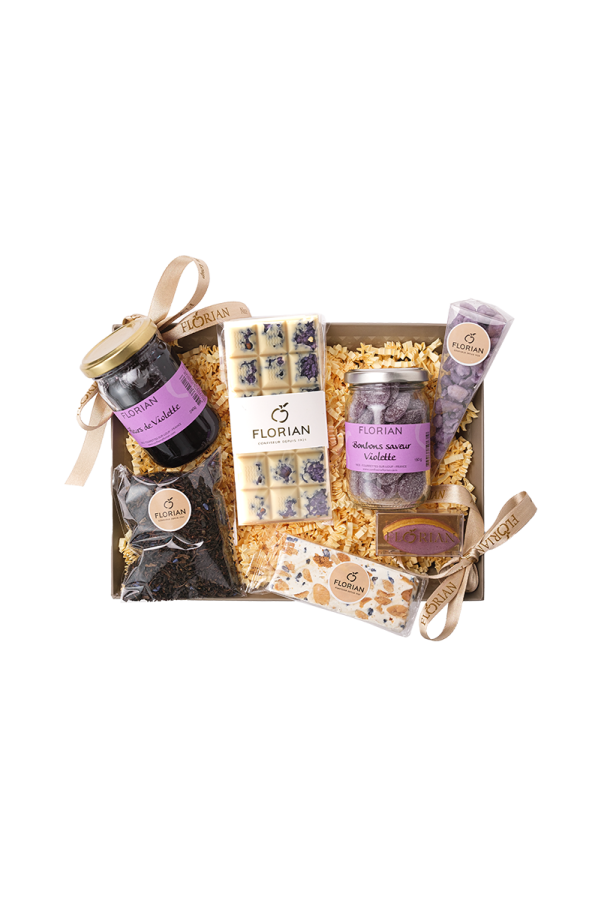 Panier gourmand de spécialité à la violette - Violette cristallisée - bonbons à la violette - délice de violette - Confiserie Florian