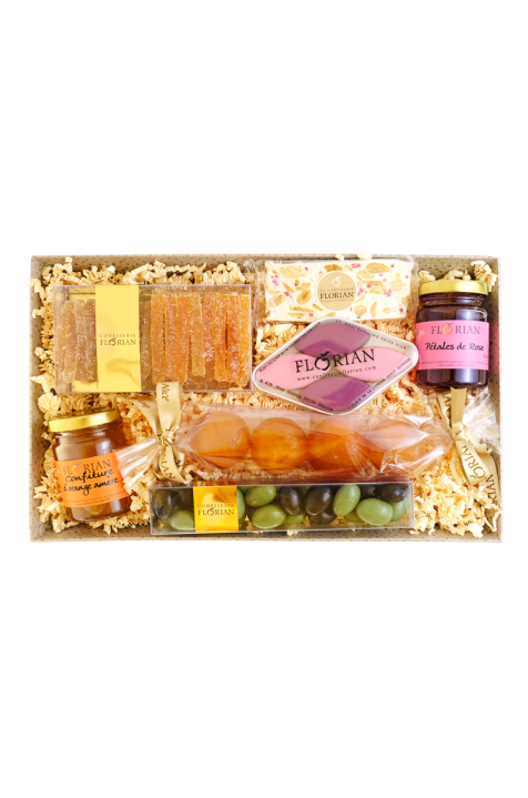 Panier gourmand Florian - Fruits confit, confiture artisanale, orangette au sucre, olives en chocolat - Confiserie Florian