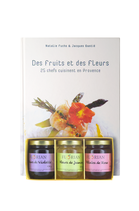 Livre de recettes de cuisine " Des fruits et des fleurs" avec coffret de délice de fleurs - Confiserie Florian