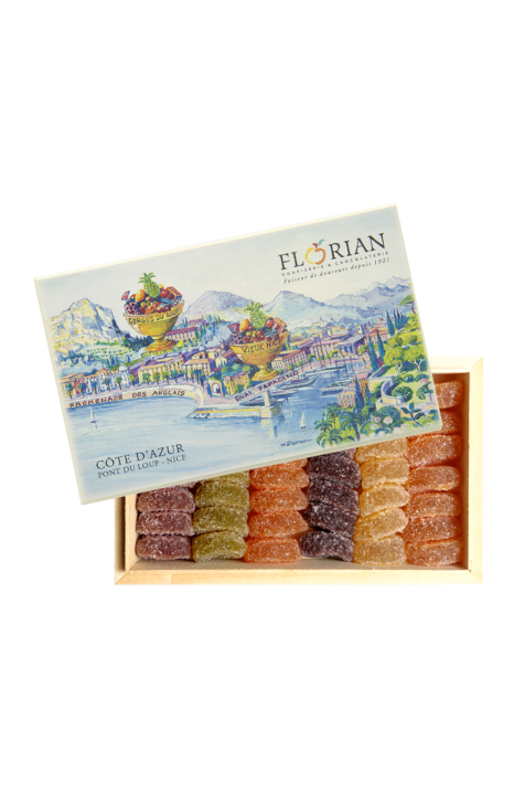 Pâtes de fruits en coffret cadeau - coffret en bois décor Côte d'Azur - Confiserie Florian