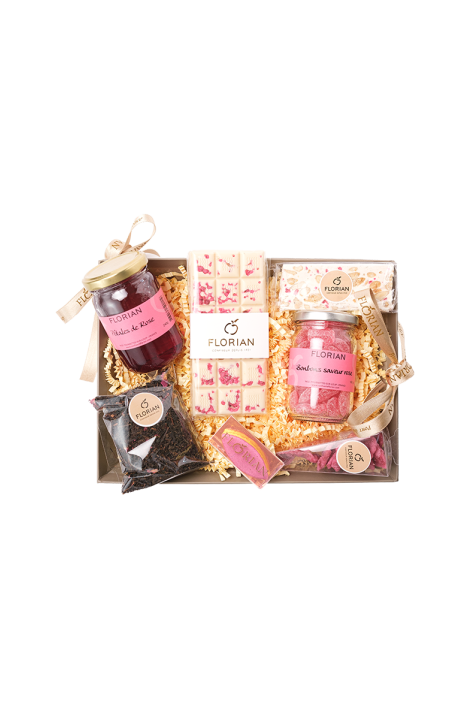 Panier gourmand de spécialité à base de rose - rose cristallisée - bonbon à la rose - thé  à la rose - Confiserie Florian