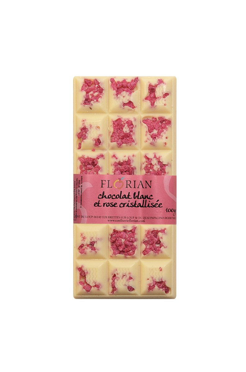 Tablette de chocolat blanc et rose cristallisée - Confiserie Florian
