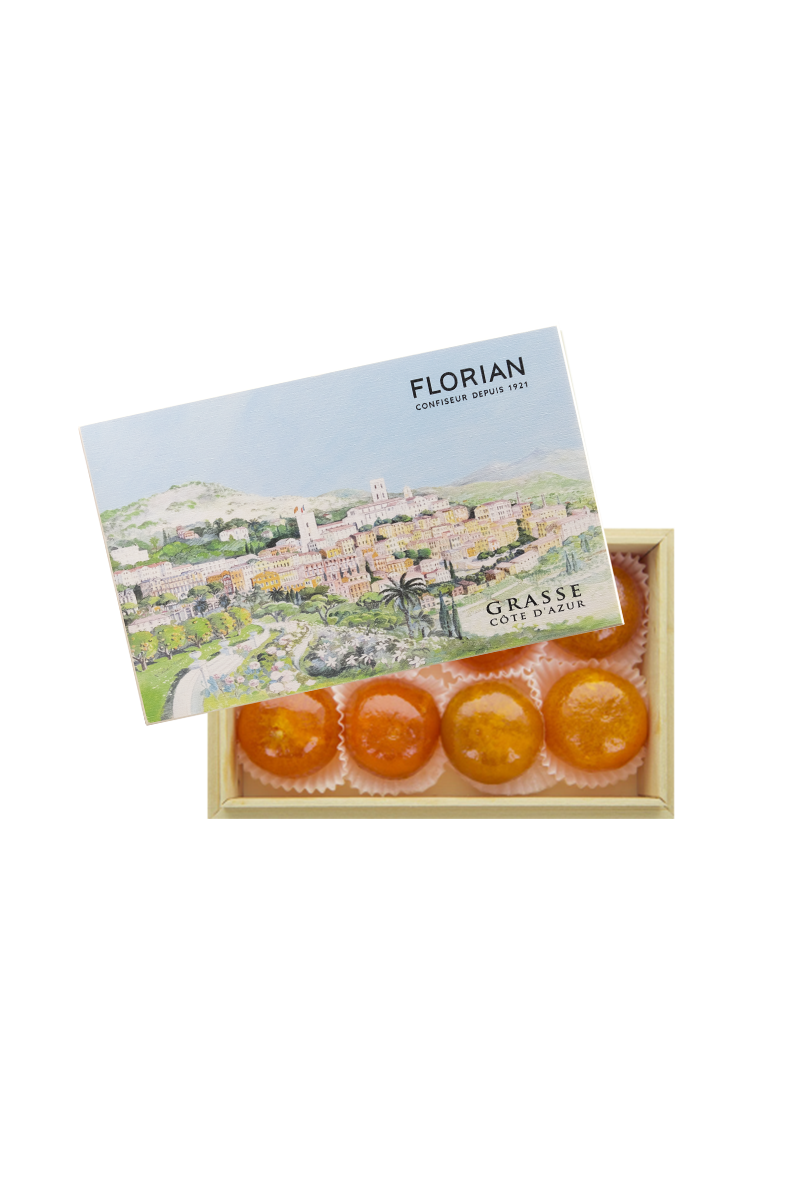 Coffret cadeau clémentines confites artisanales boite en bois décor de la ville de Grasse - Confiserie Florian