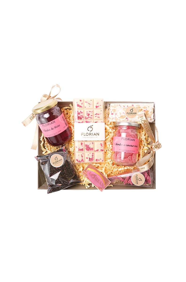 Panier gourmand de spécialité à base de rose - rose cristallisée - bonbon à la rose - thé à la rose - Confiserie Florian